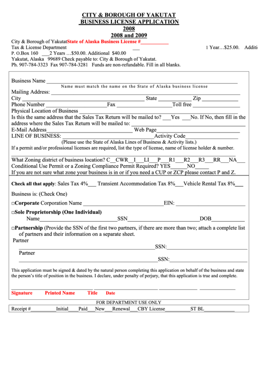 Business License Application - City & Borough Of Yakutat - Tax & License Department - 2008 And 2009 Printable pdf