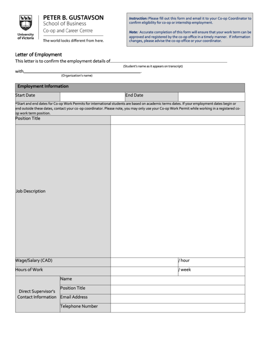 Fillable Letter Of Employment - University Of Victoria Printable pdf