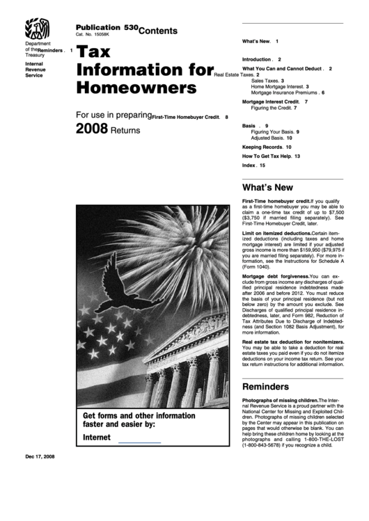 Publication 530 - Tax Information For Homeowners - 2008 Printable pdf