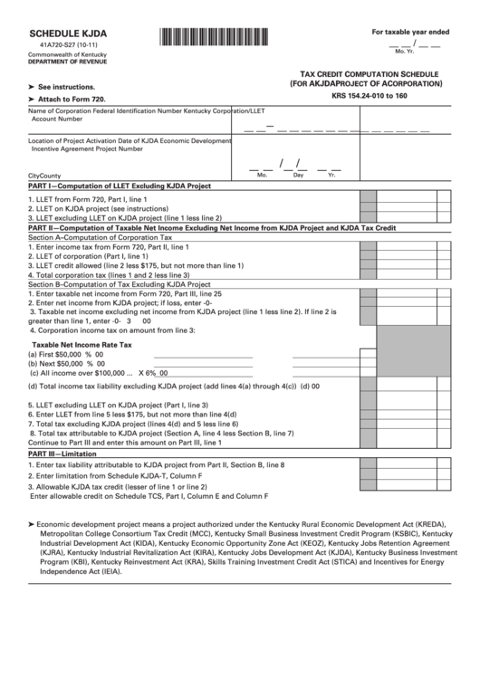 Form 41a720-S27 - Attach To Form 720 - Schedule Kjda - Tax Credit Computation Schedule (For A Kjda Project Of A Corporation) Printable pdf