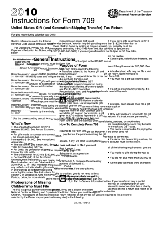 Instructions For Form 709 - United States Gift (And Generation-Skipping Transfer) Tax Return - 2010 Printable pdf