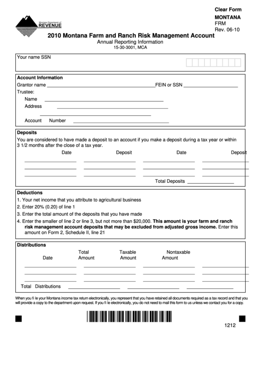 Fillable Montana Form Frm - 2010 Montana Farm And Ranch Risk Management ...