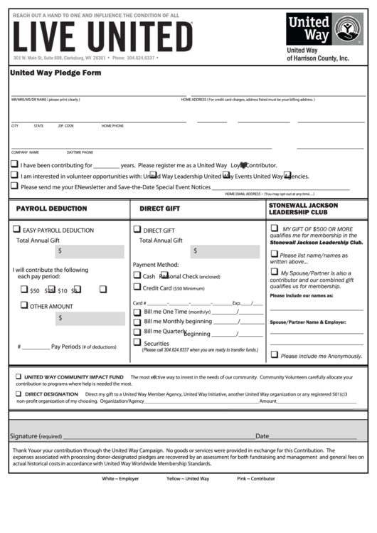 United Way Pledge Form - Harrison County, West Virginia Printable pdf