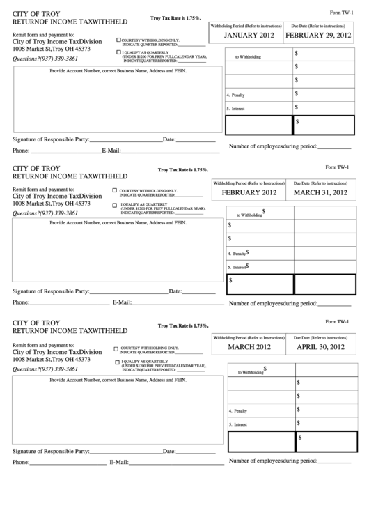 Form Tw-1 - Return Of Income Tax Withheld - City Of Troy - 2012 Printable pdf