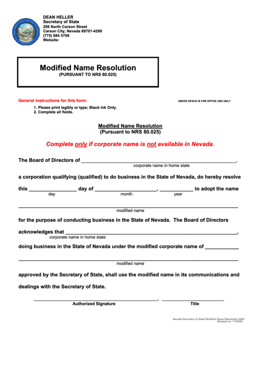 Modified Name Resolution - Pursuant To Nrs 80.025 - Nevada Secretary Of State Printable pdf