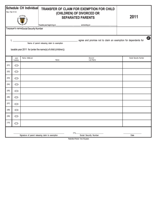Schedule Ch Individual - Transfer Of Claim For Exemption For Child (Children) Of Divorced Or Separated Parents - 2011 Printable pdf