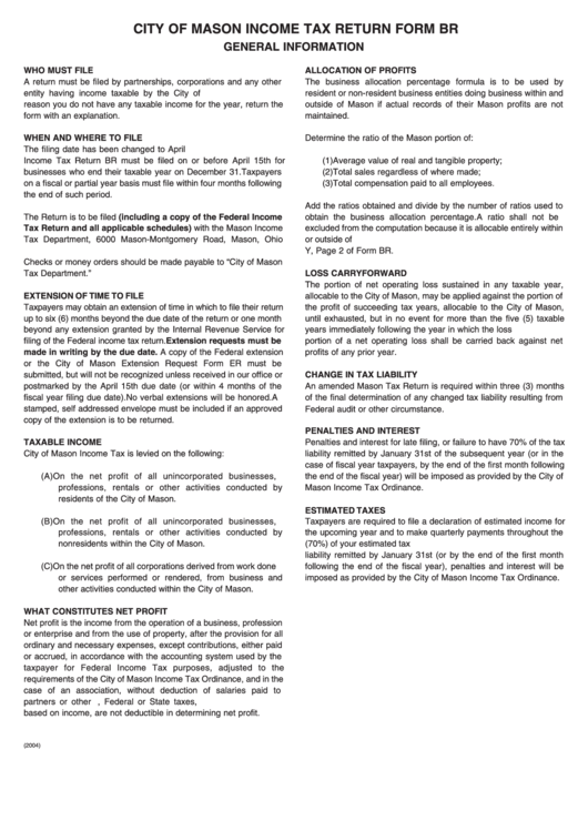 Form Br - City Of Mason Income Tax Return Printable pdf