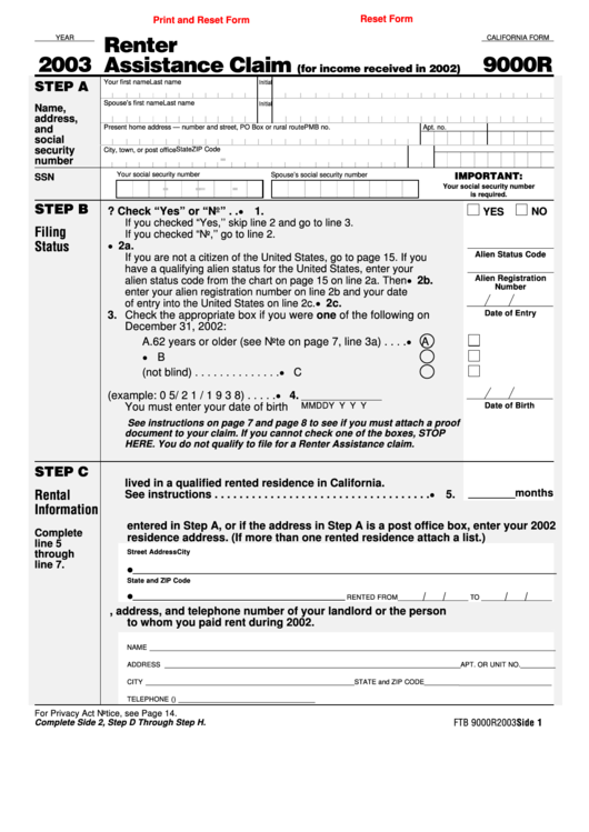 Fillable California Form 9000r - Renter Assistance Claim - 2003 Printable pdf