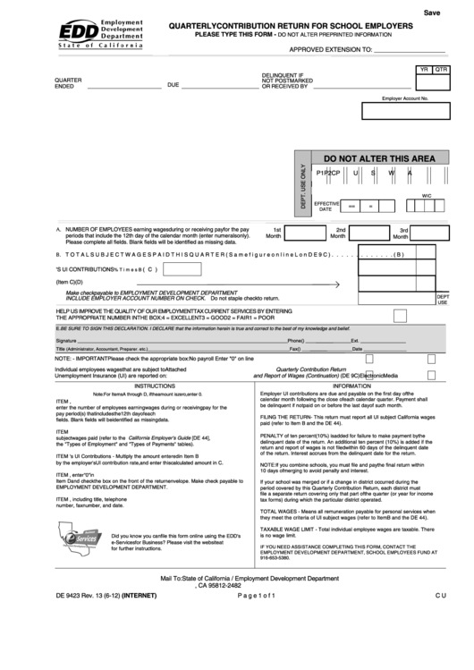 Fillable Form De 9423 - Quarterly Contribution Return For School Employers - 2012 Printable pdf