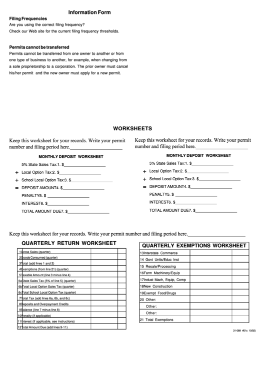 Form 31-089 - Tax Return Worksheets - 2002 Printable pdf