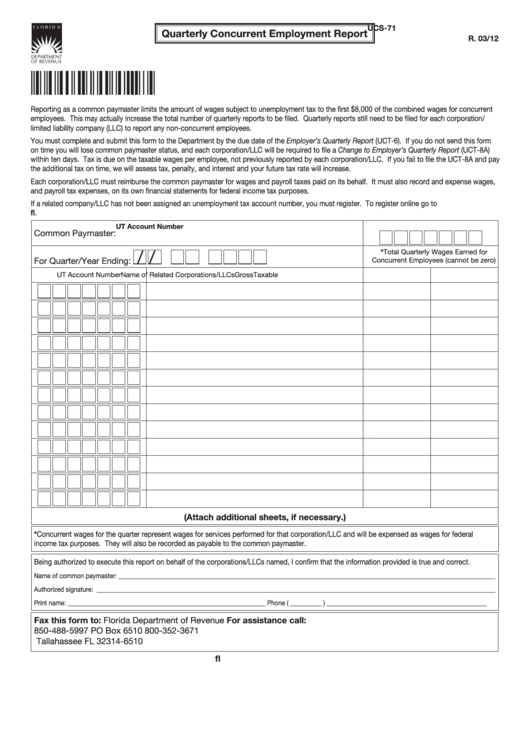Form Ucs-71 - Quarterly Concurrent Employment Report - Florida Department Of Revenue Printable pdf