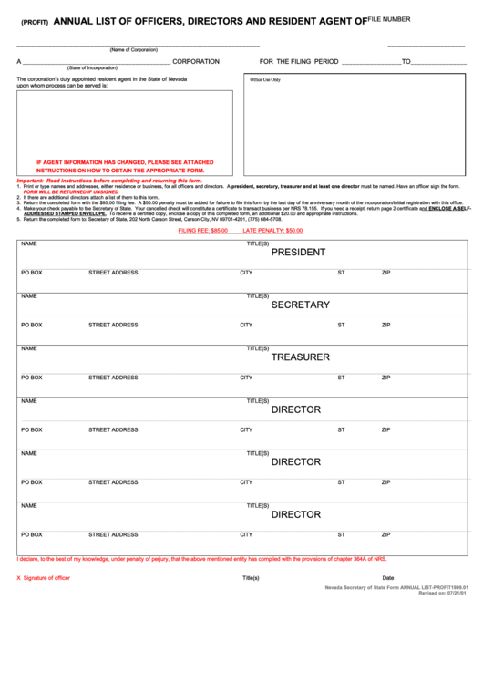 Form Annual List-Profit1999.01 - Annual List Of Officers, Directors And Resident Agent - 2001 Printable pdf