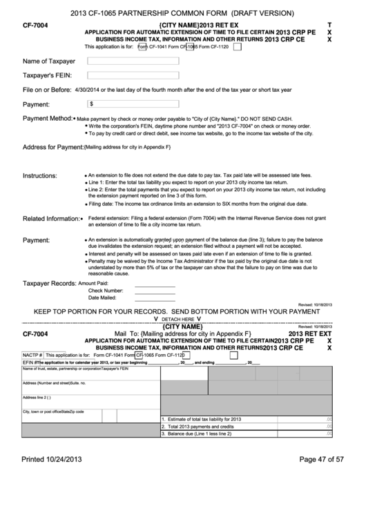 Form Cf-1065 - Draft - Partnership Common Form - 2013 Printable pdf