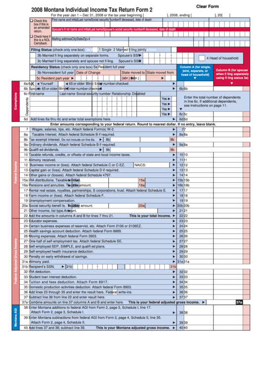 Fillable Form 2 - Montana Individual Income Tax Return - 2008 Printable pdf