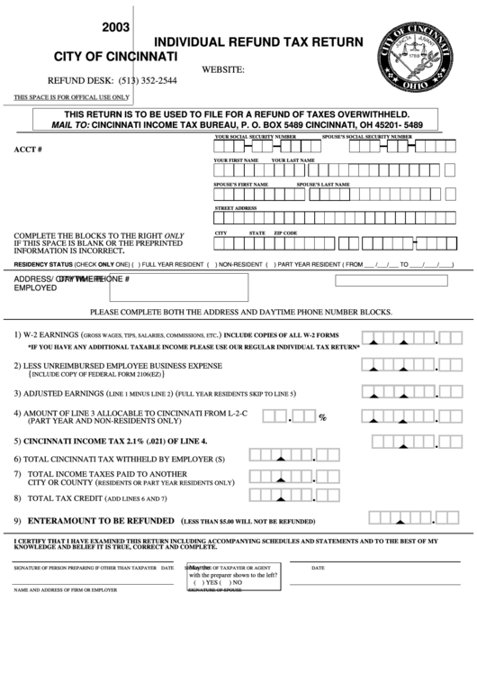 Individual Refund Tax Return - City Of Cincinnati - 2003 Printable pdf