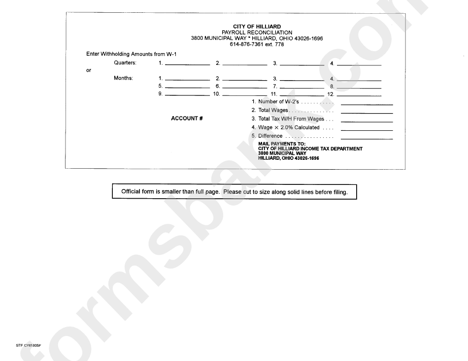 Form W-1 - Payroll Reconciliation - City Of Hilliard