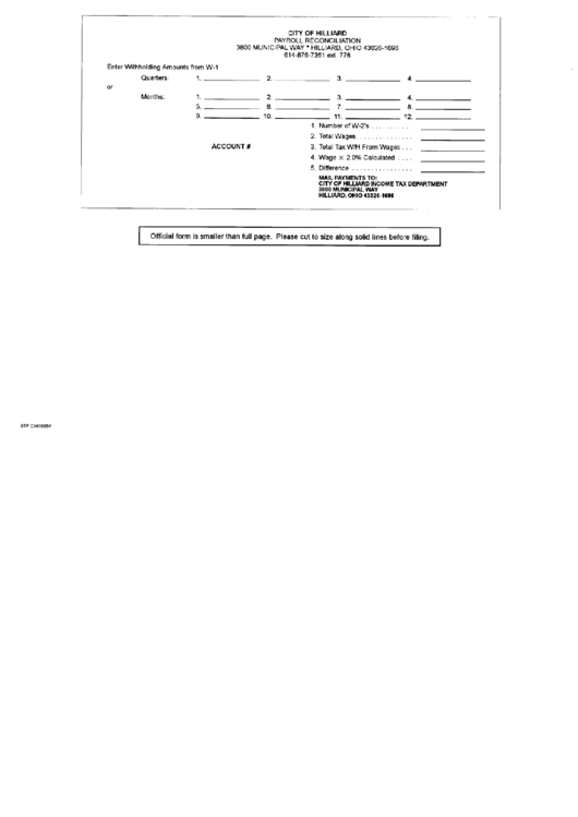 Form W-1 - Payroll Reconciliation - City Of Hilliard Printable pdf