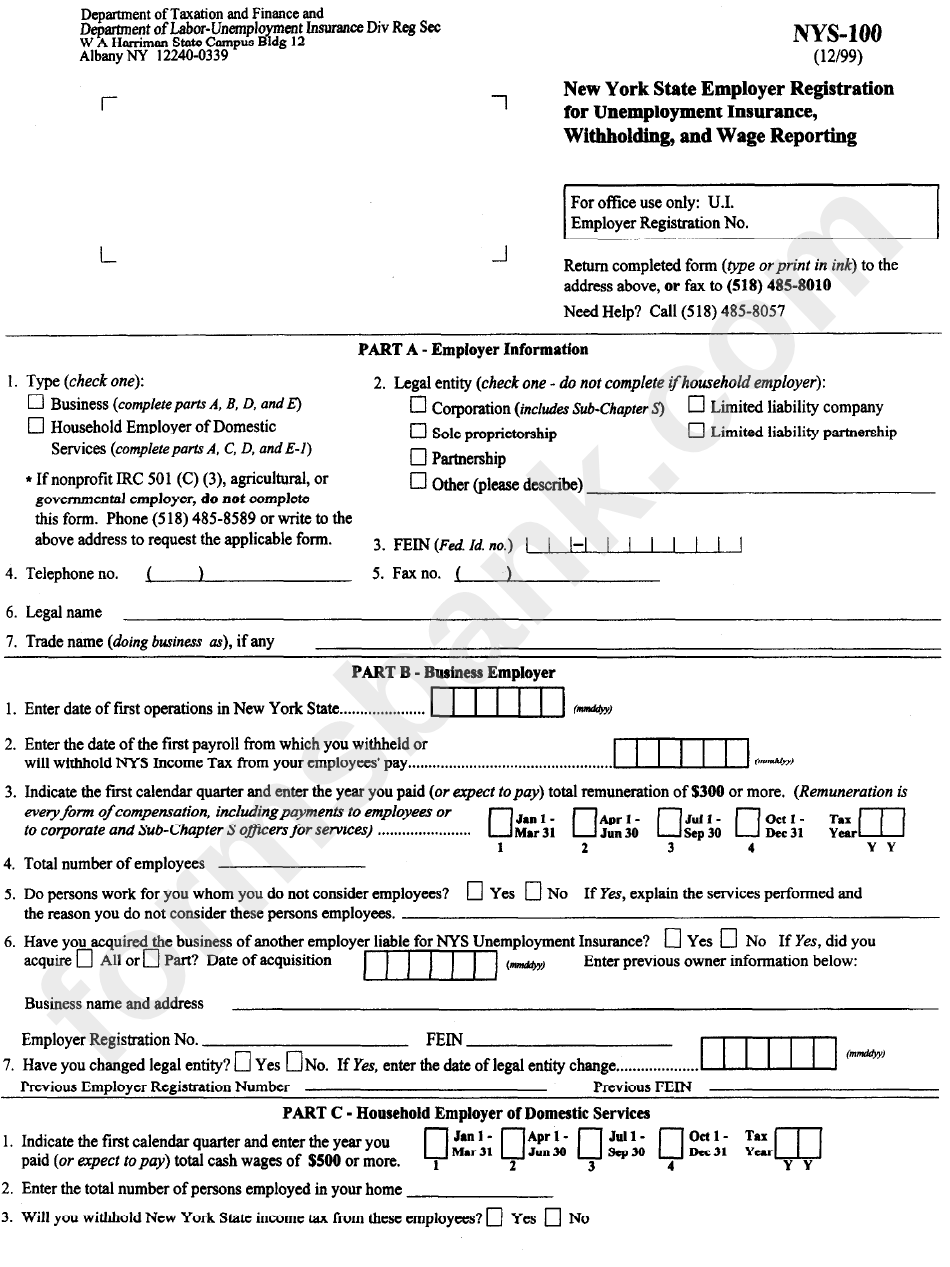 Form Nys-100 - New York State Employer Registration For Unemployment Insurance, Withholding, And Wage Reporting