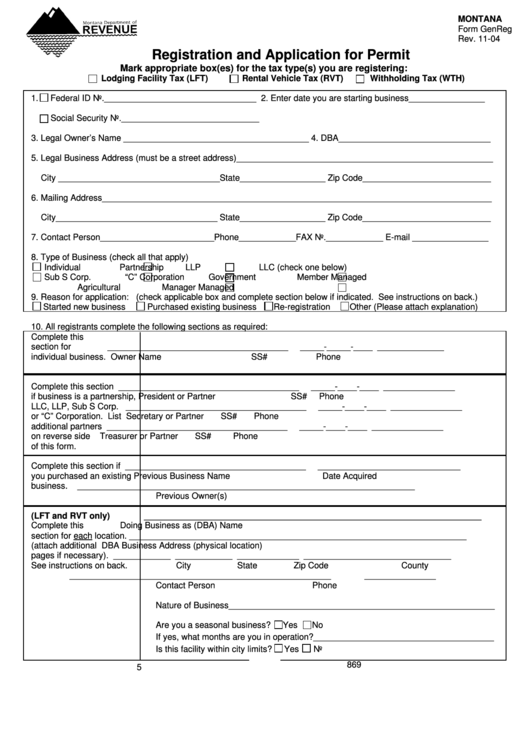 Form Genreg - Registration And Application For Permit - Montana Dept.of Revenue Printable pdf