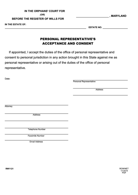Fillable Form Rw1121 Personal Representative #39 S Acceptance And Consent
