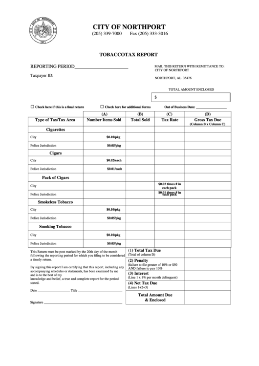 Tobacco Tax Report Form - City Of Northport Printable pdf