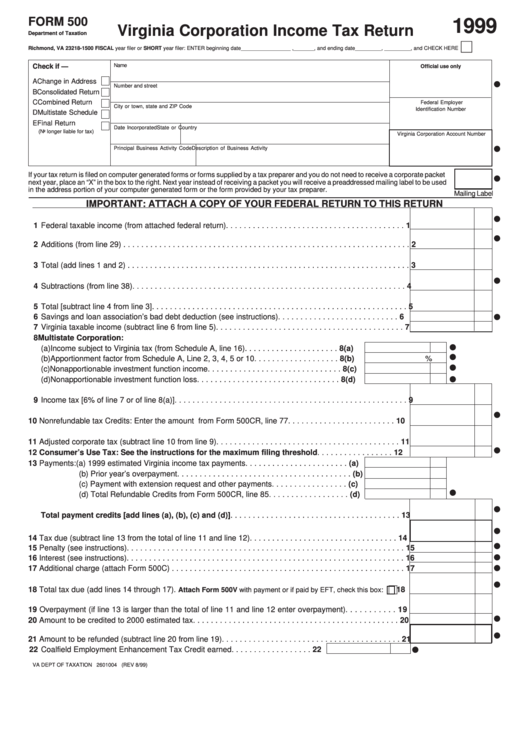 Form 500 - Virginia Corporation Income Tax Return - 1999 Printable pdf