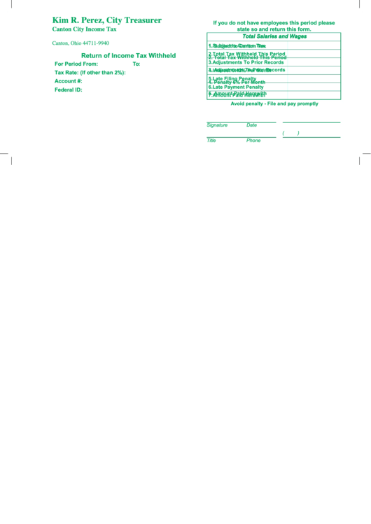 Return Form Of Income Tax Withheld - Canton City Income Tax Printable pdf