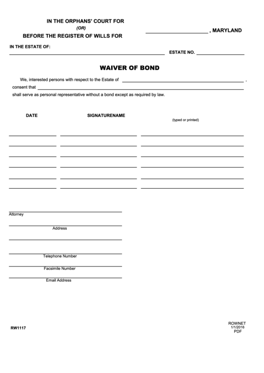 Fillable Form Rw1117 - Waiver Of Bond Printable pdf