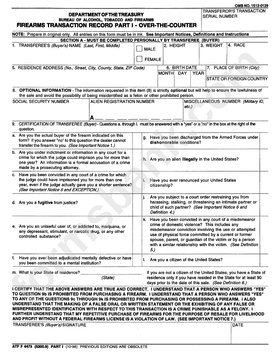 Form Atf F 4473 - Firearms Transaction Record Part 1 - Over-The-Counter