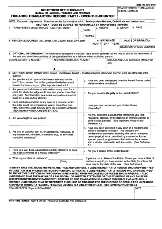 Fillable Form Atf F 4473 - Firearms Transaction Record Part 1 - Over-The-Counter Printable pdf