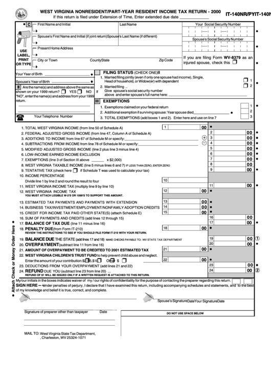 Form It-140nr/py - West Virginia Nonresident/part-Year Resident Income Tax Return - 2000 Printable pdf