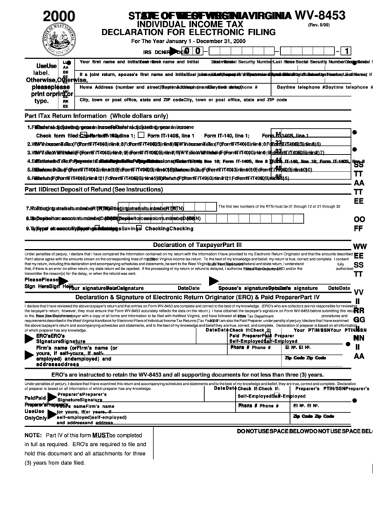 Form Wv-8453 - Individual Income Tax Declaration For Electronic Filing - 2000 Printable pdf