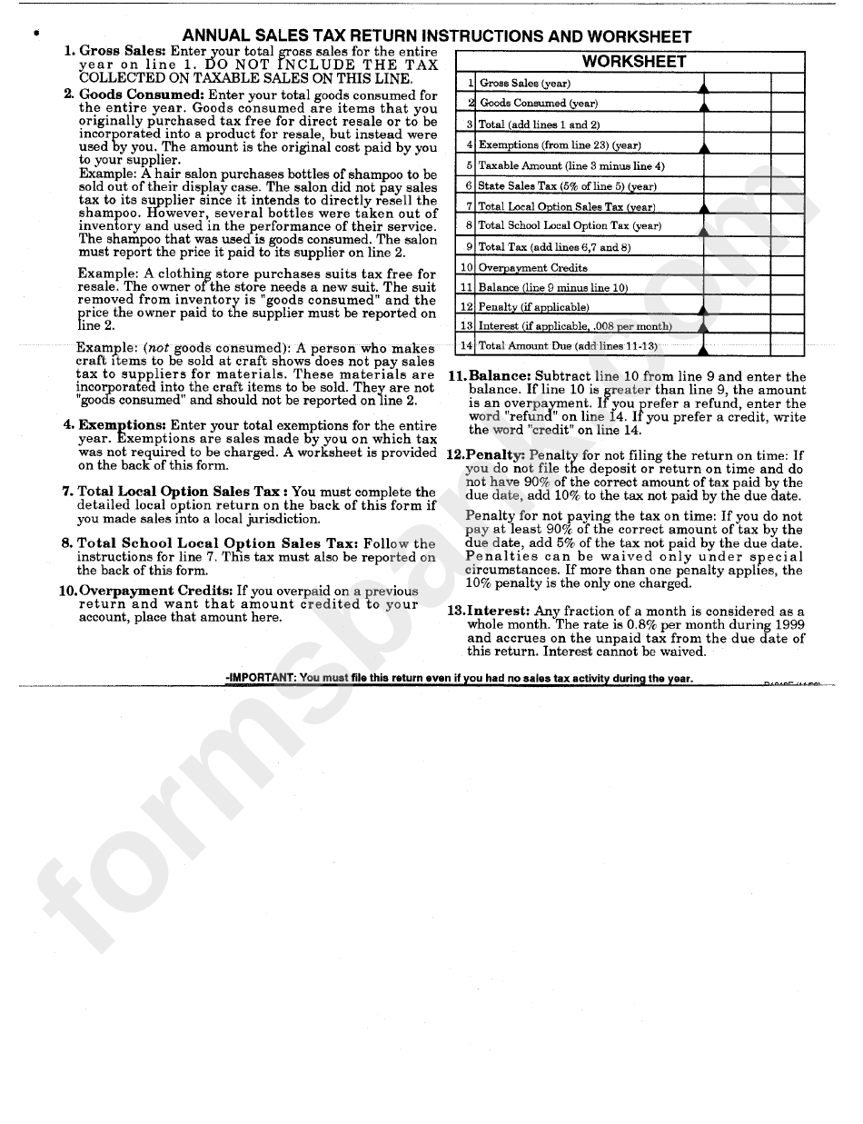 Annual Sales Tax Return Instructions And Worksheet