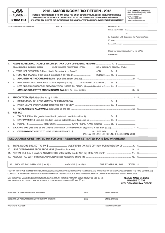 Form Br - Mason Income Tax Return - 2015 printable pdf download