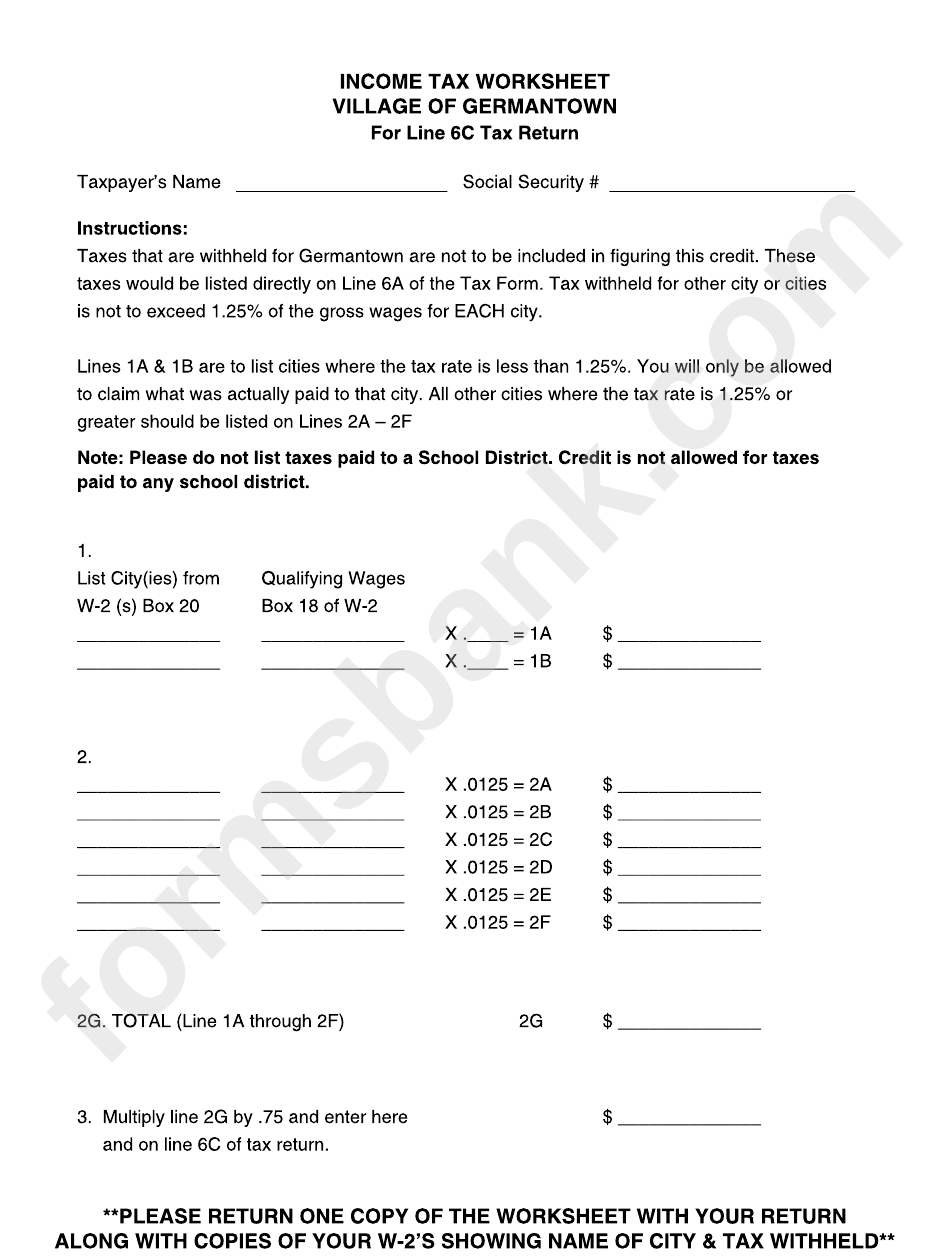 Income Tax Worksheet - Village Of Germantown