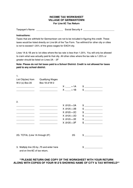 Income Tax Worksheet - Village Of Germantown Printable pdf