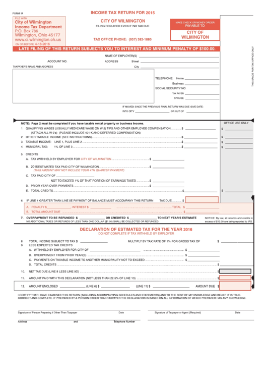 Formir - Income Tax Return - Cityofwilmington Income Tax Department - 2015 Printable pdf