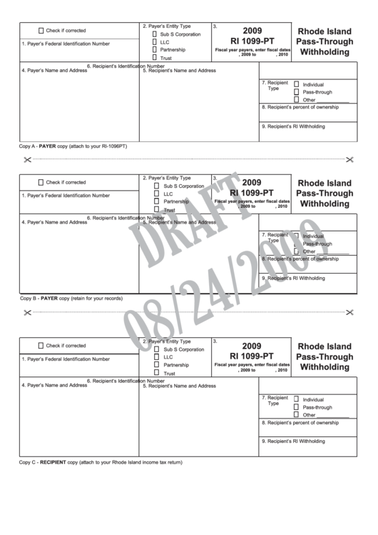 Form Ri 1099-Pt - Draft - Pass-Through Withholding - 2009 Printable pdf
