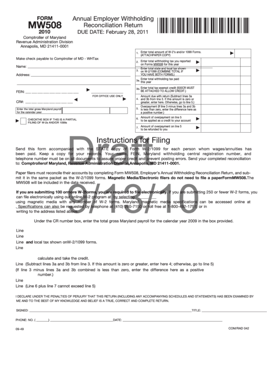 Fillable Form Mw508 Draft - Annual Employer Withholding Reconciliation Return - 2010 Printable pdf