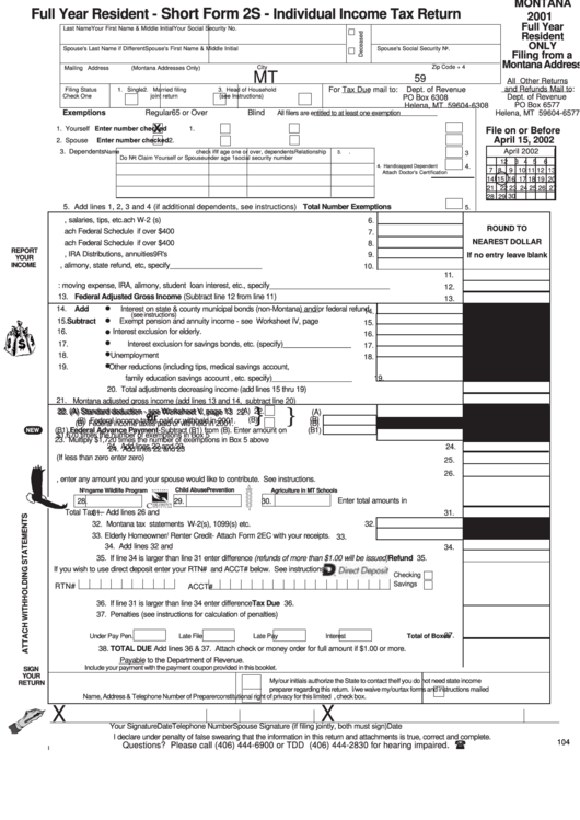 Short Form 2s - Individual Income Tax Return - Full Year Resident - 2001 Printable pdf
