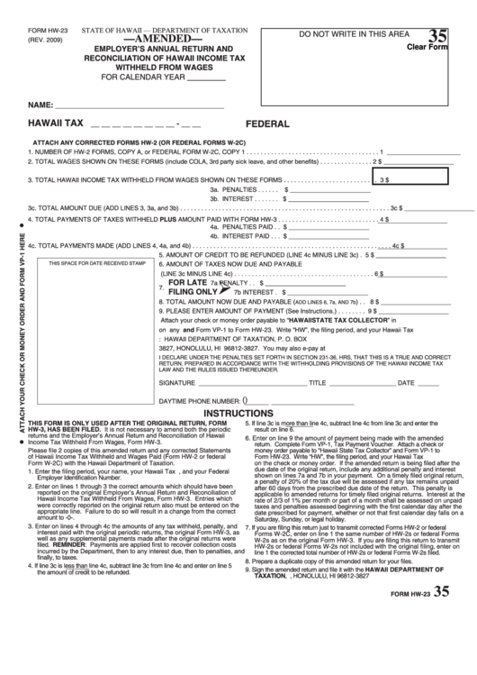 Form Hw-23 - Amended - Employer's Annual Return And Reconciliation Of Hawaii Income Tax Withheld From Wages - 2009