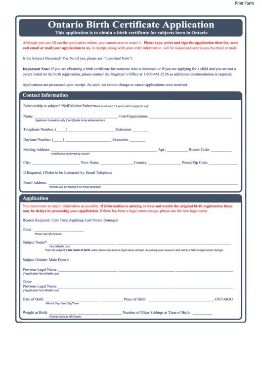 Ontario Birth Certificate Application