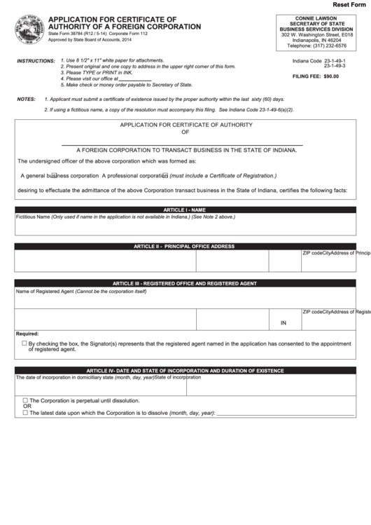 Corporate Form 112 - Application For Certificate Of Authority Of A Foreign Corporation Printable pdf