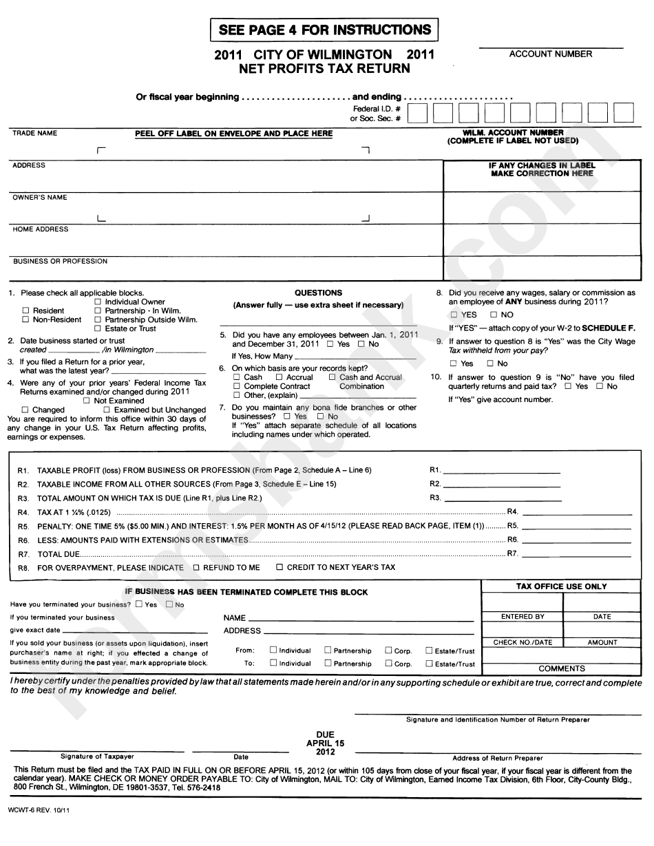 Form Wcwt-6 - Net Profits Tax Return - City Of Wilmington - 2011