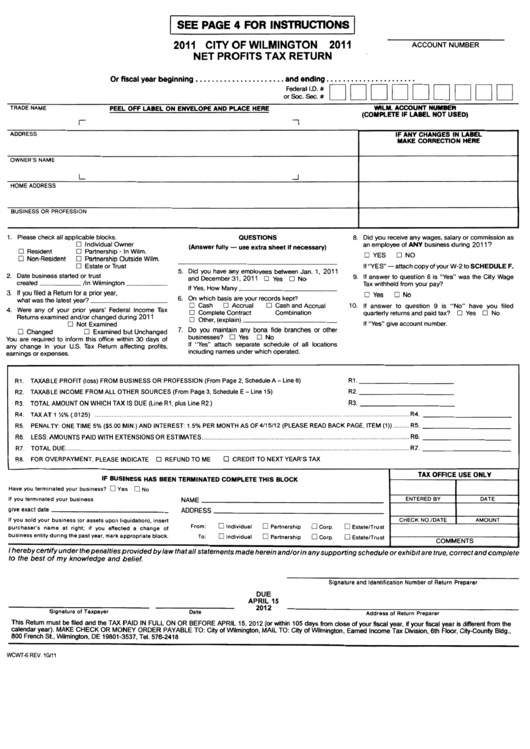 Form Wcwt-6 - Net Profits Tax Return - City Of Wilmington - 2011 Printable pdf