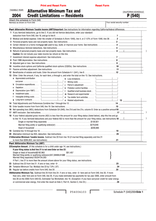Fillable California Schedule P (540) Attach To Form 540 Alternative