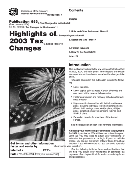 Publication 553 - Highlights Of 2003 Tax Changes - Department Of The Treasury Printable pdf