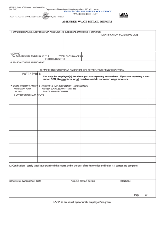 Fillable Form Uia 1019 - Amended Wage Detail Report - 2011 Printable pdf