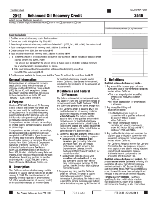 Fillable Form Ftb 3546 - Enhanced Oil Recovery Credit - California Franchise Tax Board - 2012 Printable pdf