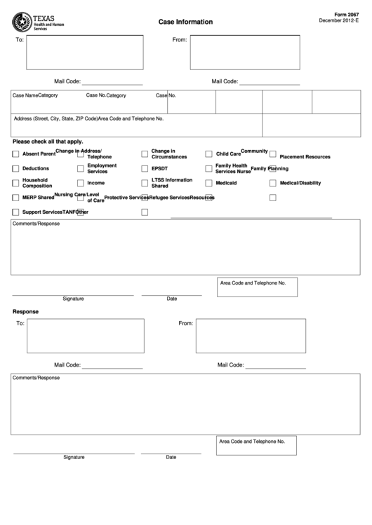 Fillable Form 2067 - Case Information - Texas Health And Human Services - 2012 Printable pdf